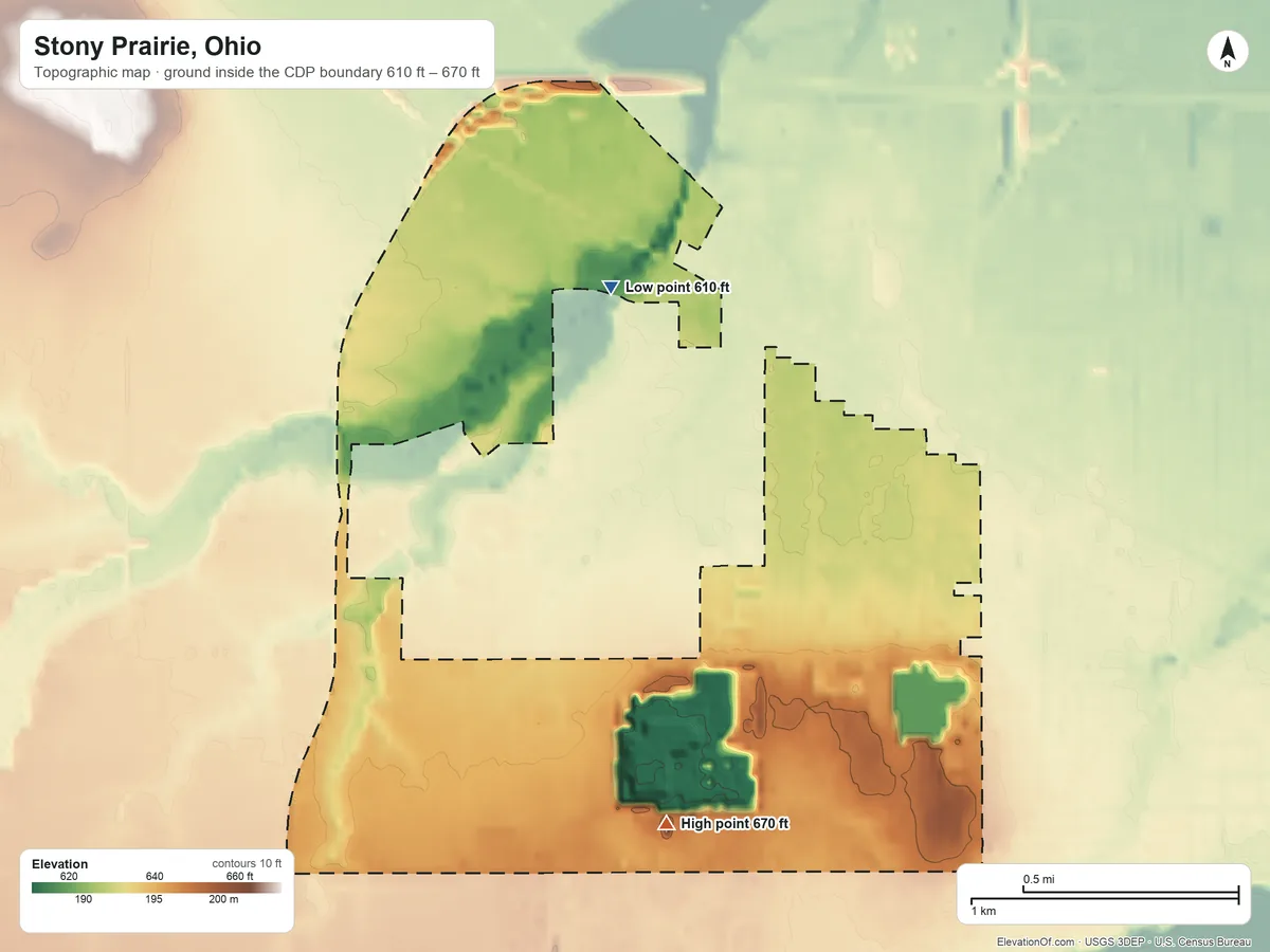 Topographic elevation map of Stony Prairie, Ohio, shaded from 610 ft on the northwest side to 670 ft on the southwest side