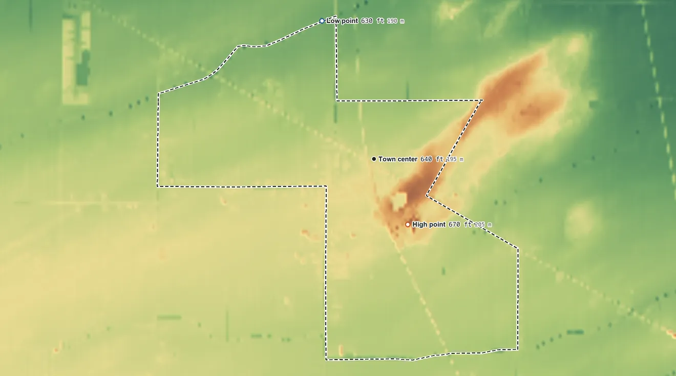 Topographic elevation map of Stony Ridge, Ohio, shaded from 630 ft on the north side to 670 ft on the southeast side