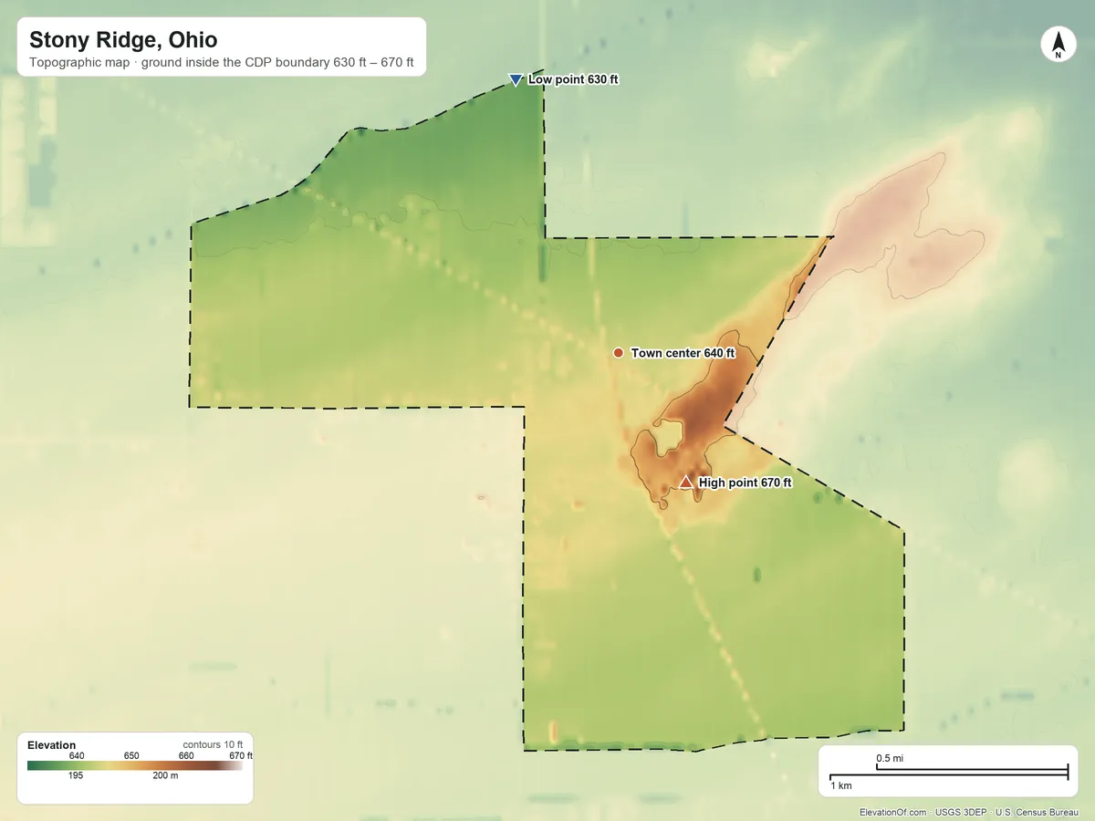 Topographic elevation map of Stony Ridge, Ohio, shaded from 630 ft on the north side to 670 ft on the southeast side