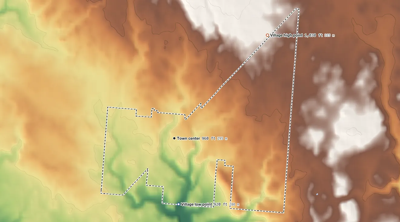 Topographic elevation map of Stoutsville, Ohio, shaded from 920 ft on the south side to 1,030 ft on the northeast side