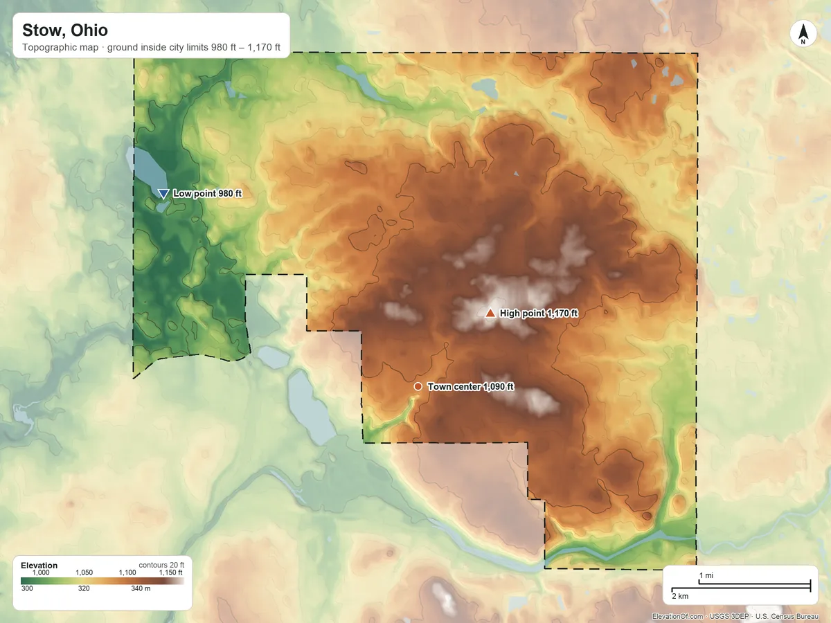 Topographic elevation map of Stow, Ohio, shaded from 980 ft on the northwest side to 1,170 ft on the northeast side