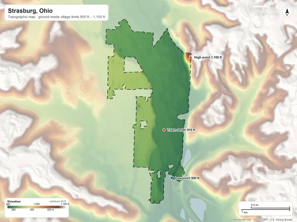 Topographic elevation map of Strasburg, Ohio, shaded from 900 ft on the south side to 1,100 ft on the north side