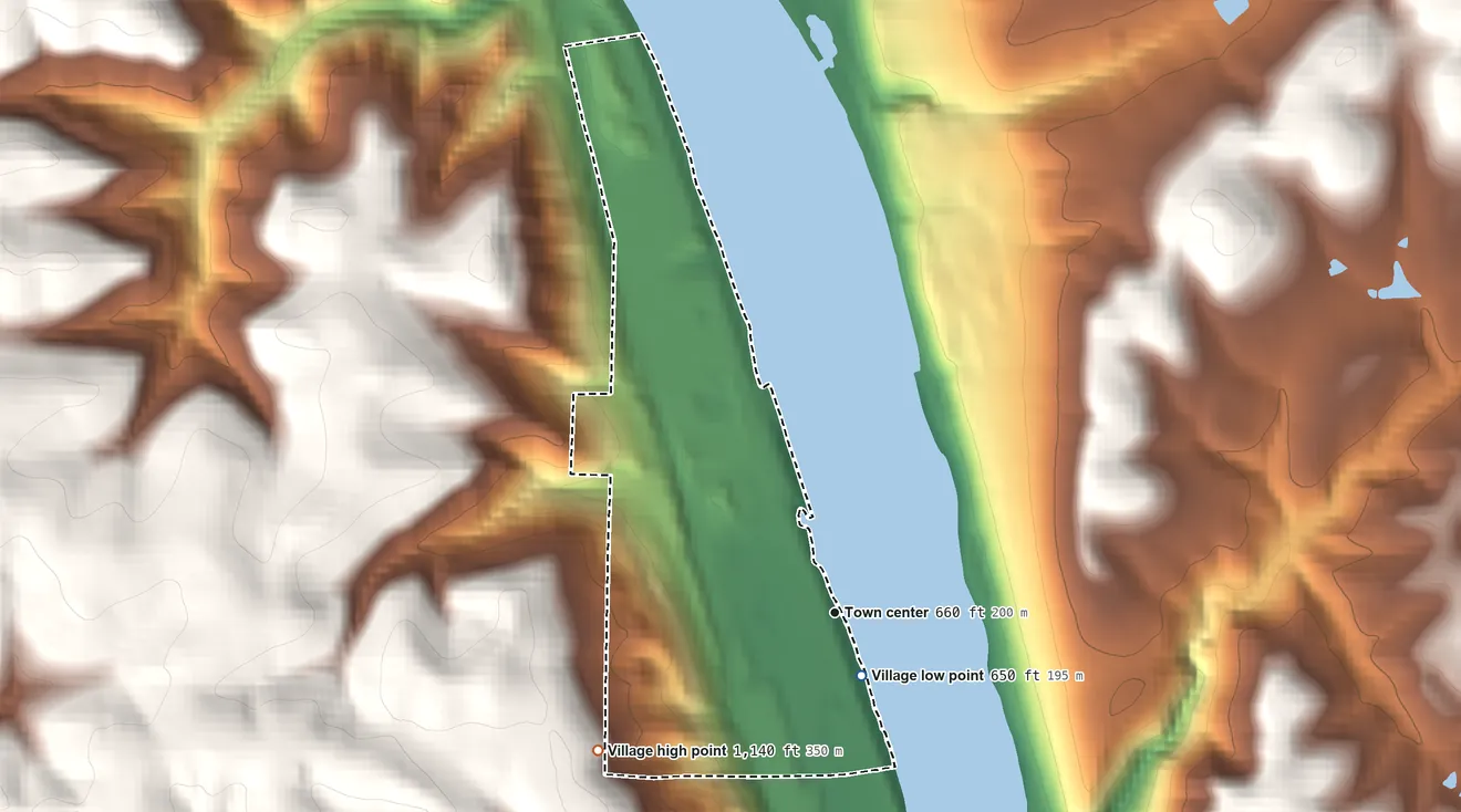 Topographic elevation map of Stratton, Ohio, shaded from 650 ft near the middle to 1,140 ft on the southwest side