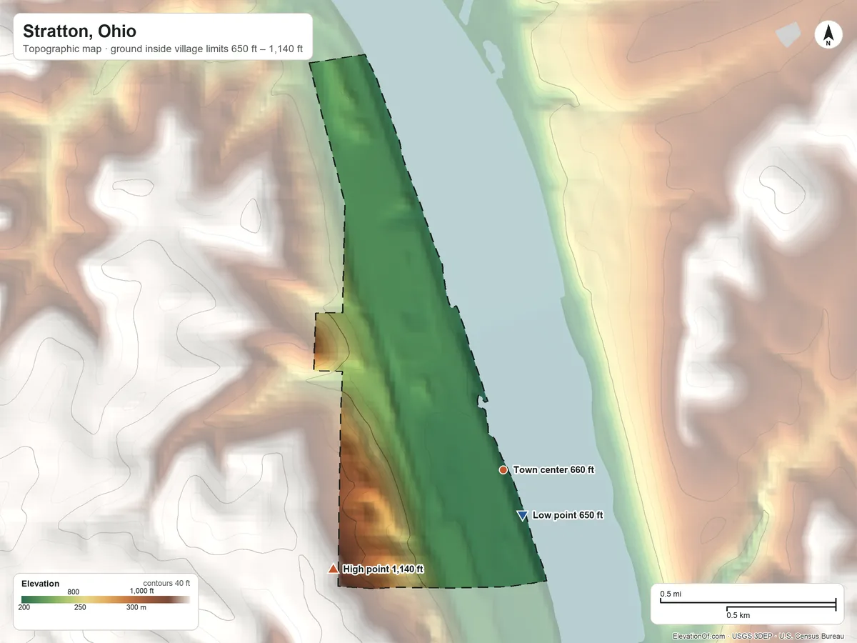 Topographic elevation map of Stratton, Ohio, shaded from 650 ft near the middle to 1,140 ft on the southwest side