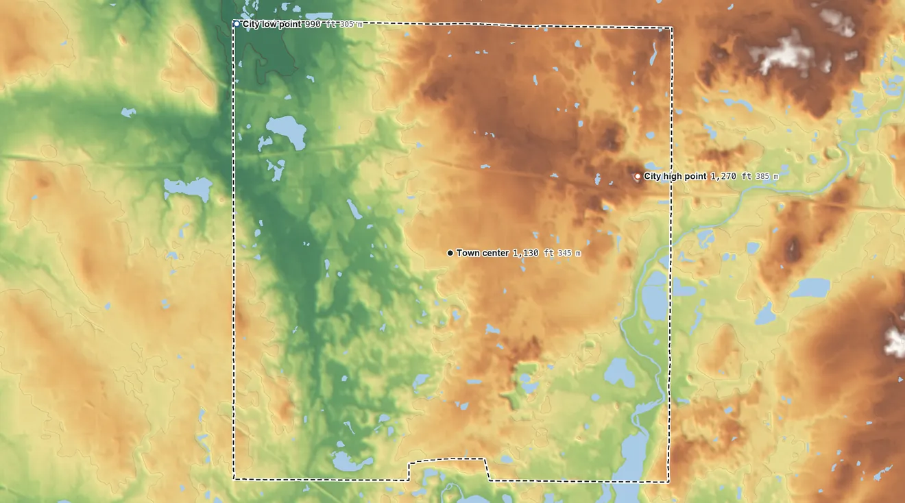 Topographic elevation map of Streetsboro, Ohio, shaded from 990 ft on the northwest side to 1,270 ft on the east side