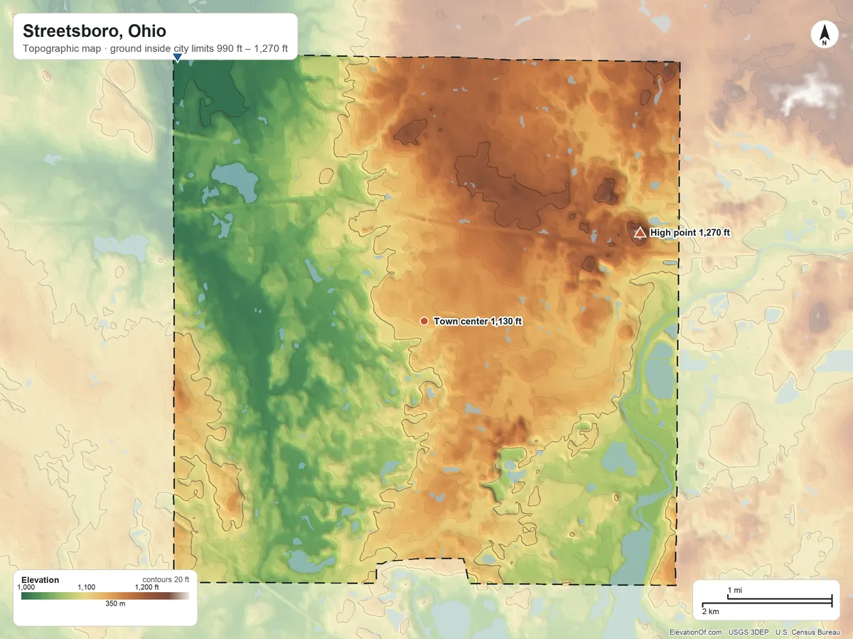 Topographic elevation map of Streetsboro, Ohio, shaded from 990 ft on the northwest side to 1,270 ft on the east side