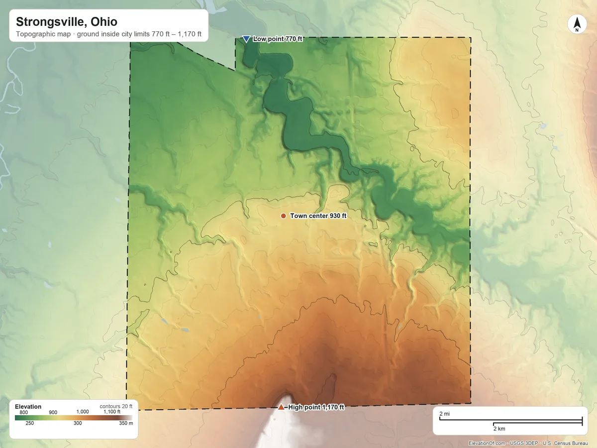 Topographic elevation map of Strongsville, Ohio, shaded from 770 ft on the north side to 1,170 ft on the south side