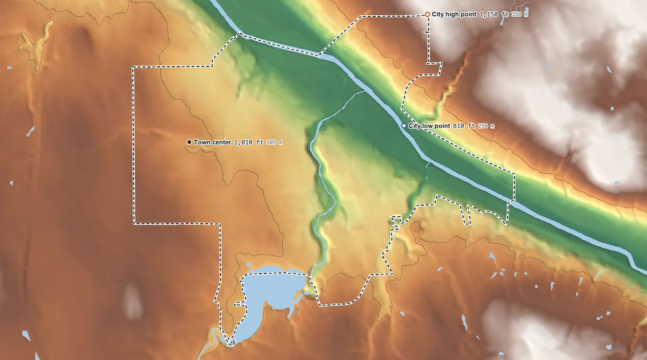 Topographic elevation map of Struthers, Ohio, shaded from 810 ft on the east side to 1,150 ft on the northeast side