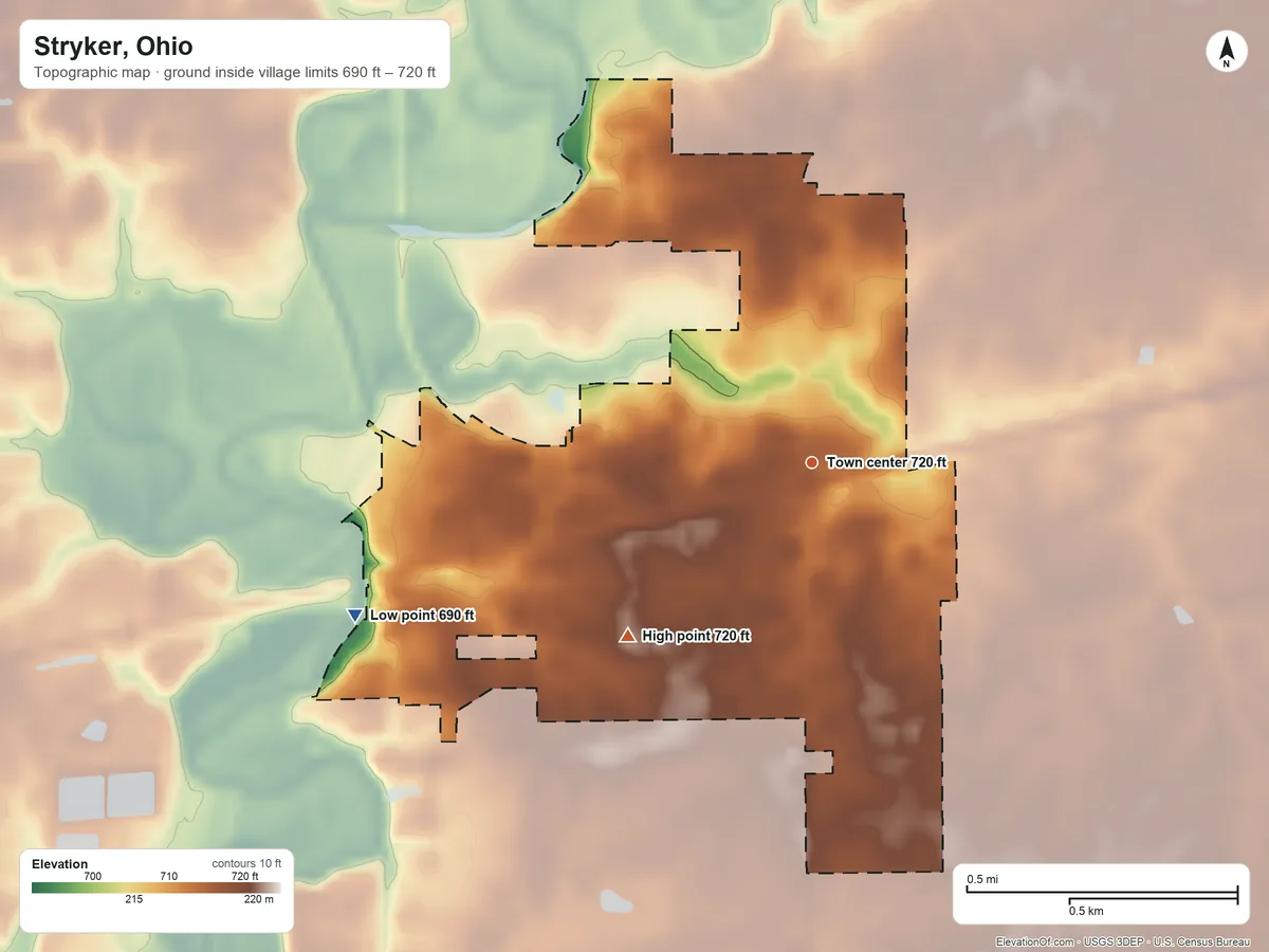 Topographic elevation map of Stryker, Ohio, shaded from 690 ft on the west side to 720 ft on the southwest side