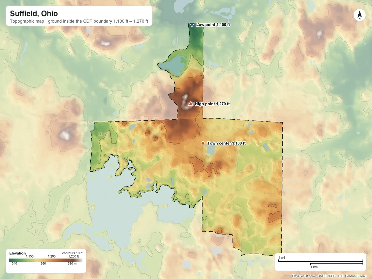 Topographic elevation map of Suffield, Ohio, shaded from 1,100 ft on the north side to 1,270 ft on the north side