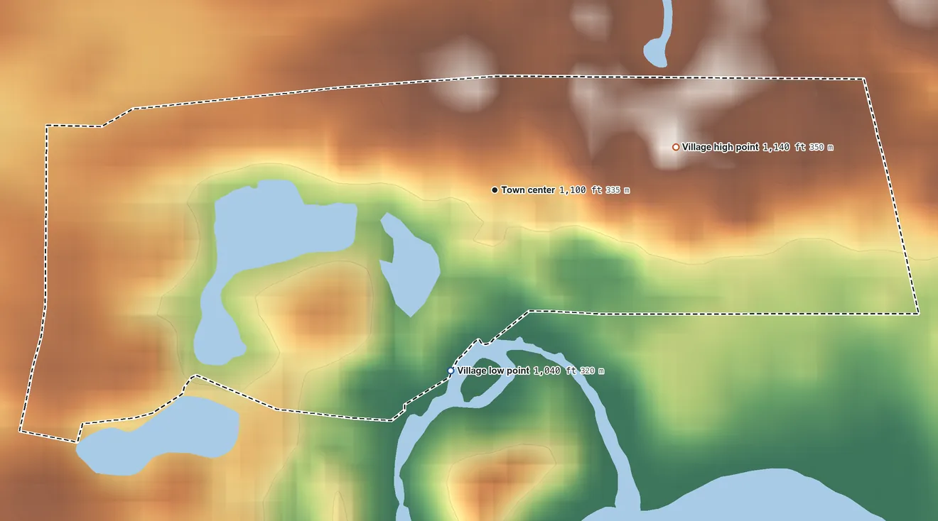 Topographic elevation map of Sugar Bush Knolls, Ohio, shaded from 1,040 ft on the south side to 1,140 ft on the east side