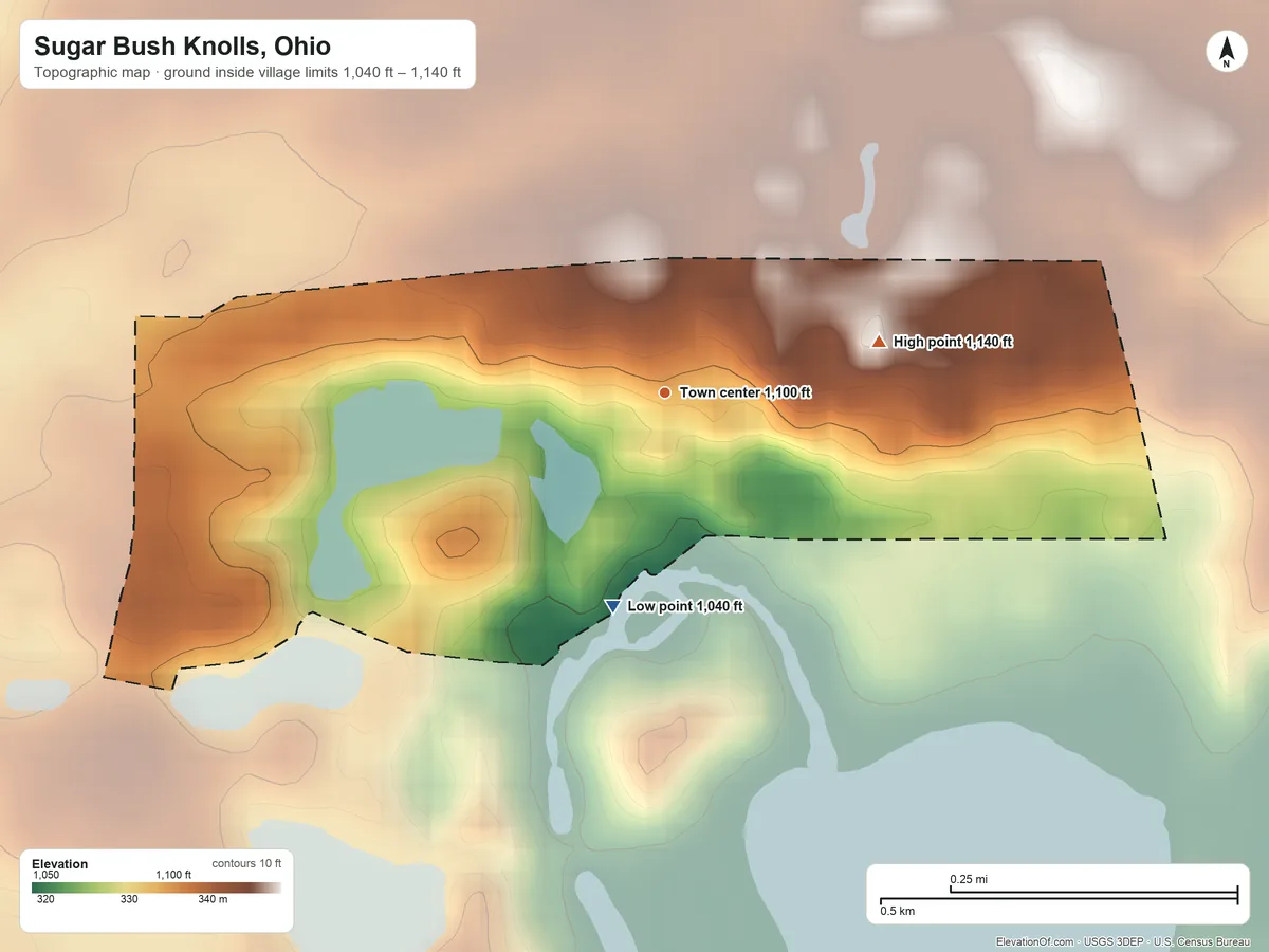 Topographic elevation map of Sugar Bush Knolls, Ohio, shaded from 1,040 ft on the south side to 1,140 ft on the east side
