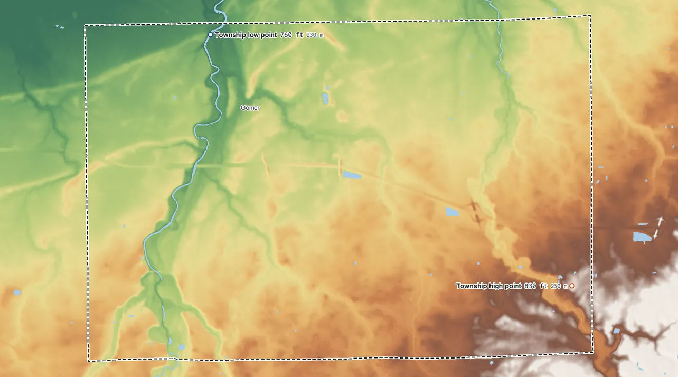 Topographic elevation map of Sugar Creek Township, Allen County, Ohio, shaded from 760 ft on the northwest side to 830 ft on the east side