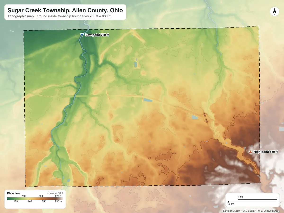Topographic elevation map of Sugar Creek Township, Allen County, Ohio, shaded from 760 ft on the northwest side to 830 ft on the east side