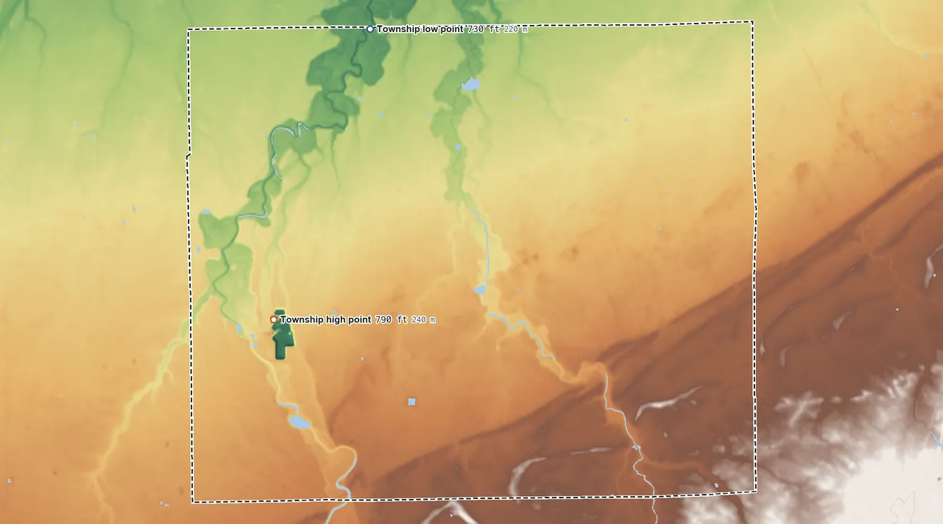 Topographic elevation map of Sugar Creek Township, Putnam County, Ohio, shaded from 730 ft on the northwest side to 790 ft on the west side