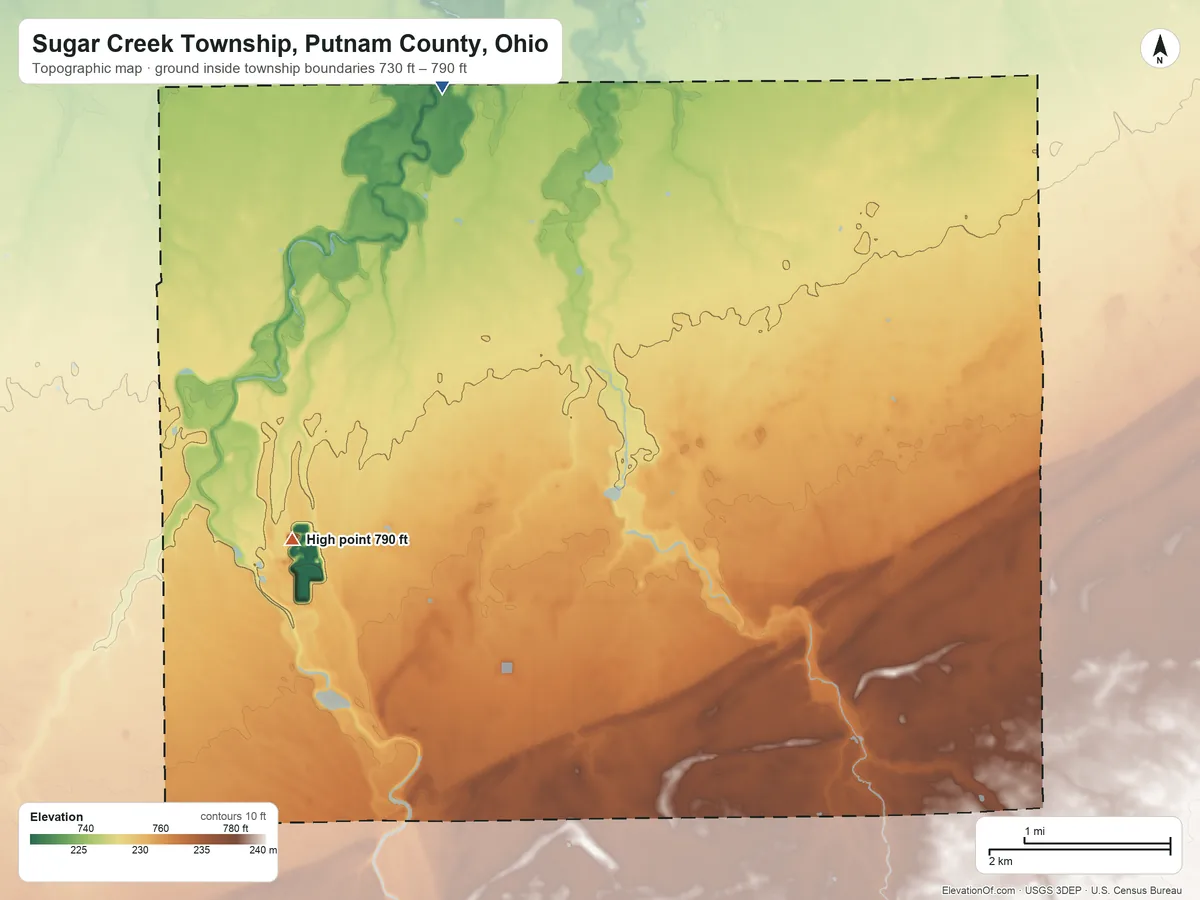 Topographic elevation map of Sugar Creek Township, Putnam County, Ohio, shaded from 730 ft on the northwest side to 790 ft on the west side