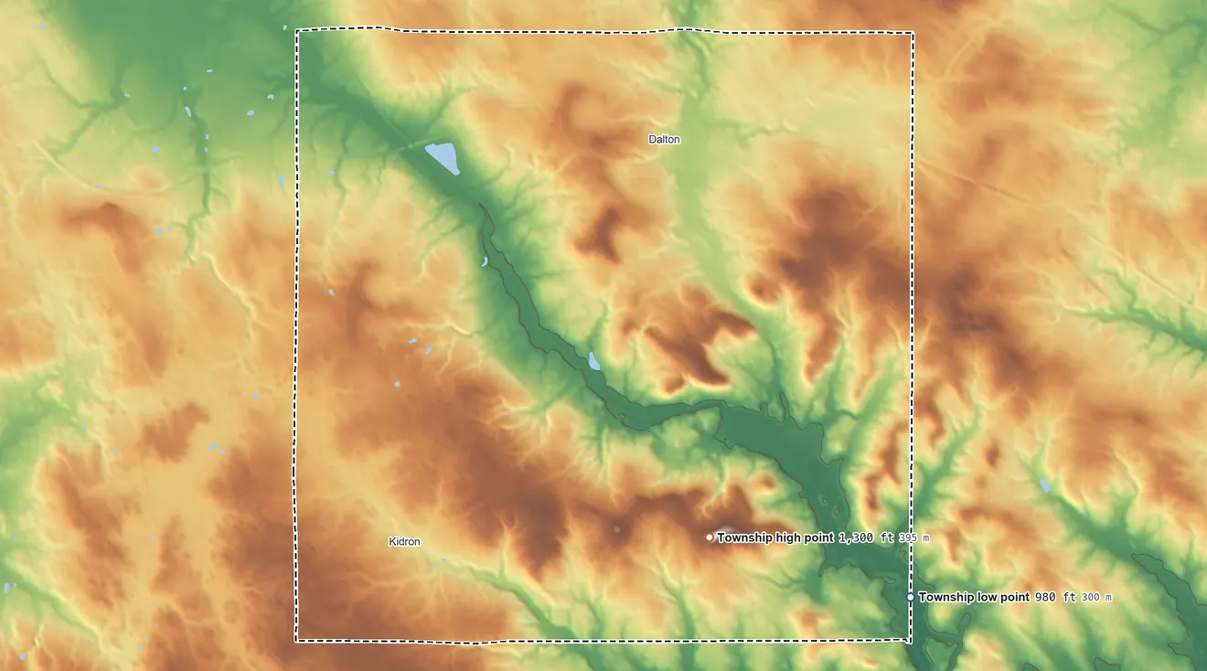 Topographic elevation map of Sugar Creek Township, Ohio, shaded from 980 ft on the southeast side to 1,300 ft on the southeast side