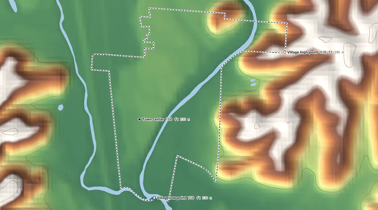 Topographic elevation map of Sugar Grove, Ohio, shaded from 750 ft on the south side to 970 ft on the northeast side