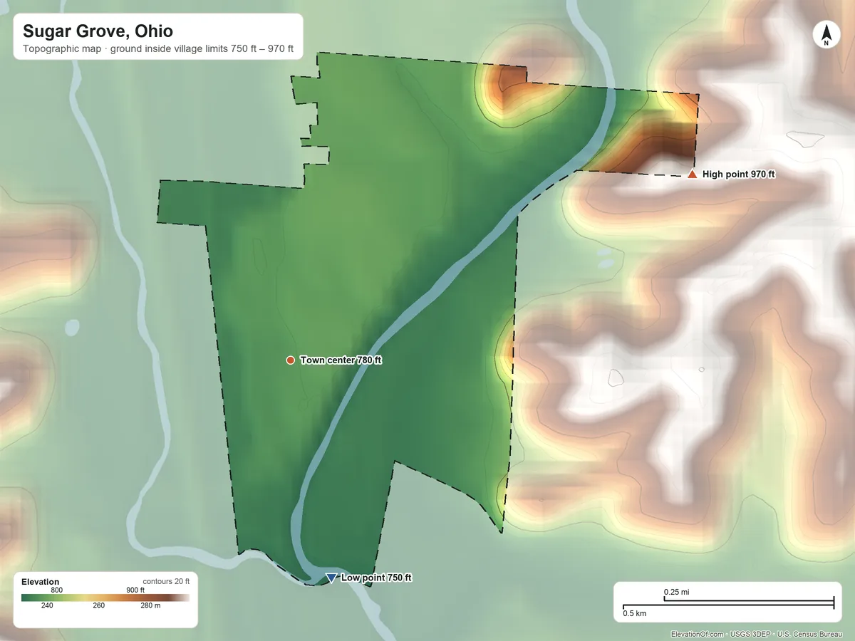 Topographic elevation map of Sugar Grove, Ohio, shaded from 750 ft on the south side to 970 ft on the northeast side