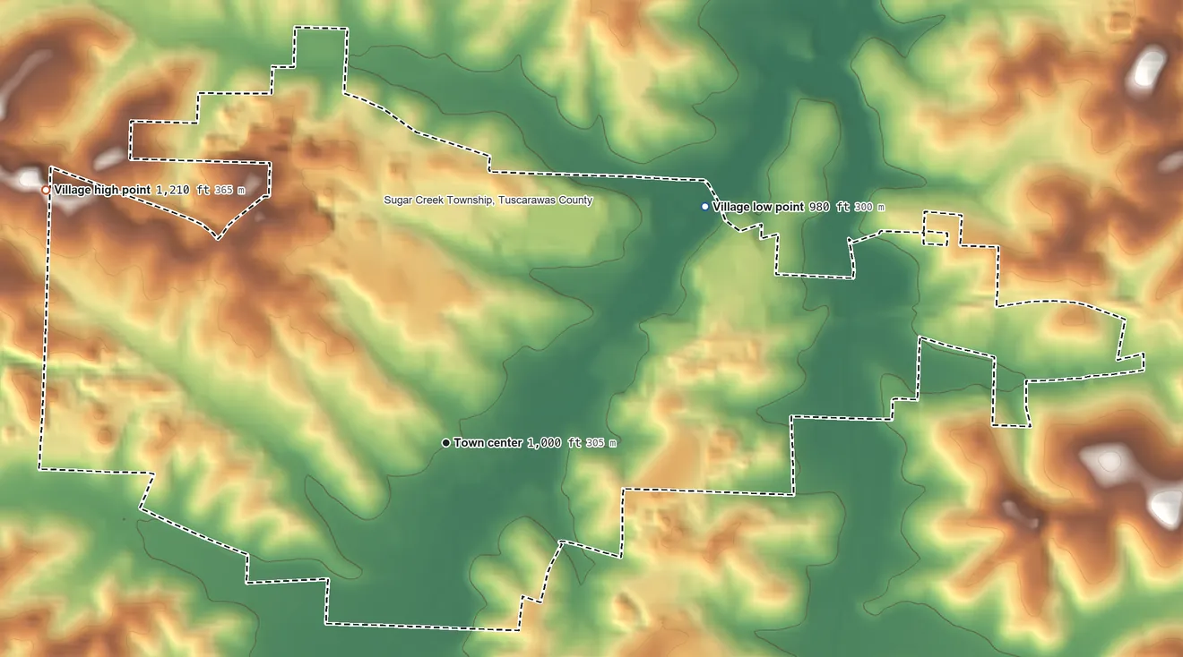 Topographic elevation map of Sugarcreek, Ohio, shaded from 980 ft on the northeast side to 1,210 ft on the northwest side