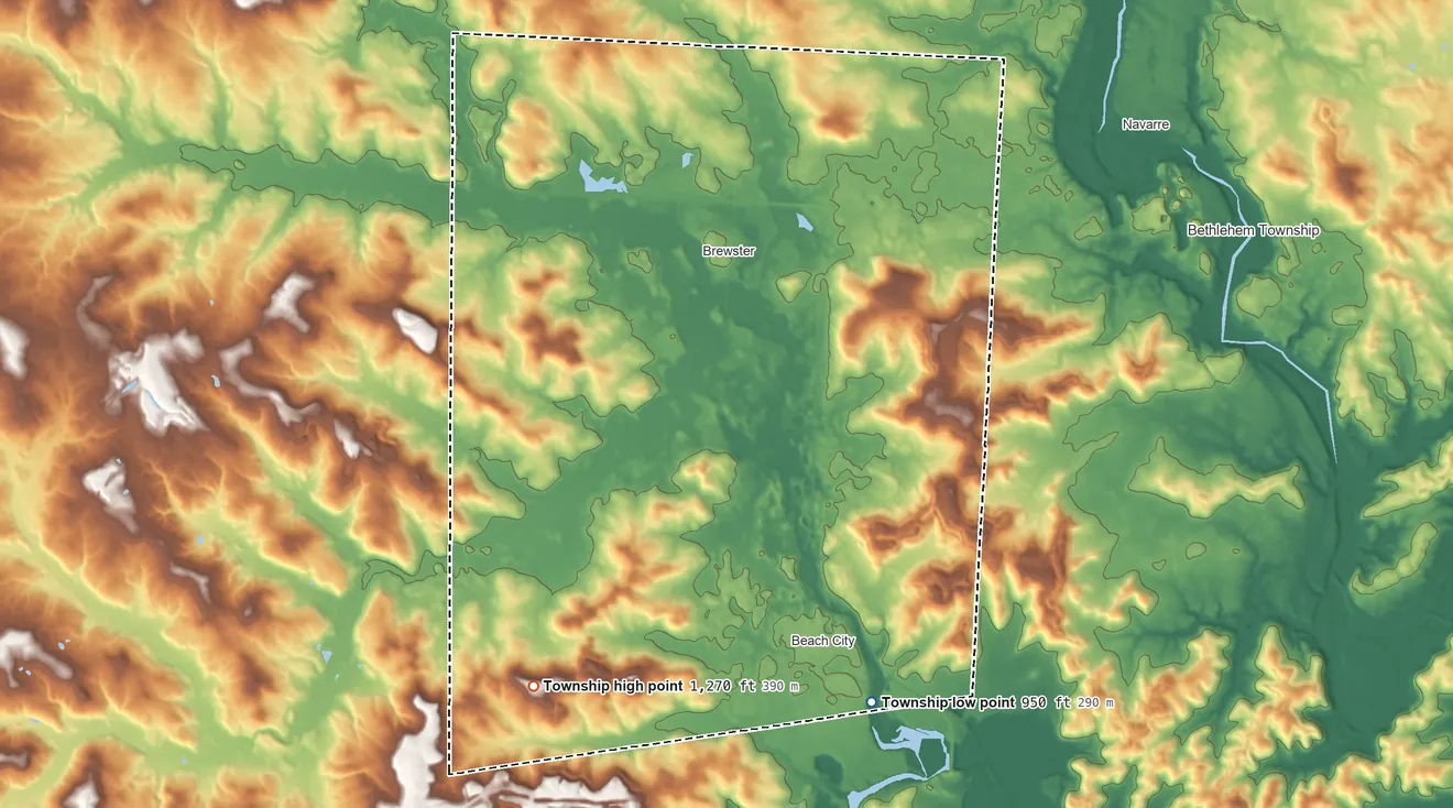 Topographic elevation map of Sugarcreek Township, Stark County, Ohio, shaded from 950 ft on the south side to 1,270 ft on the southwest side