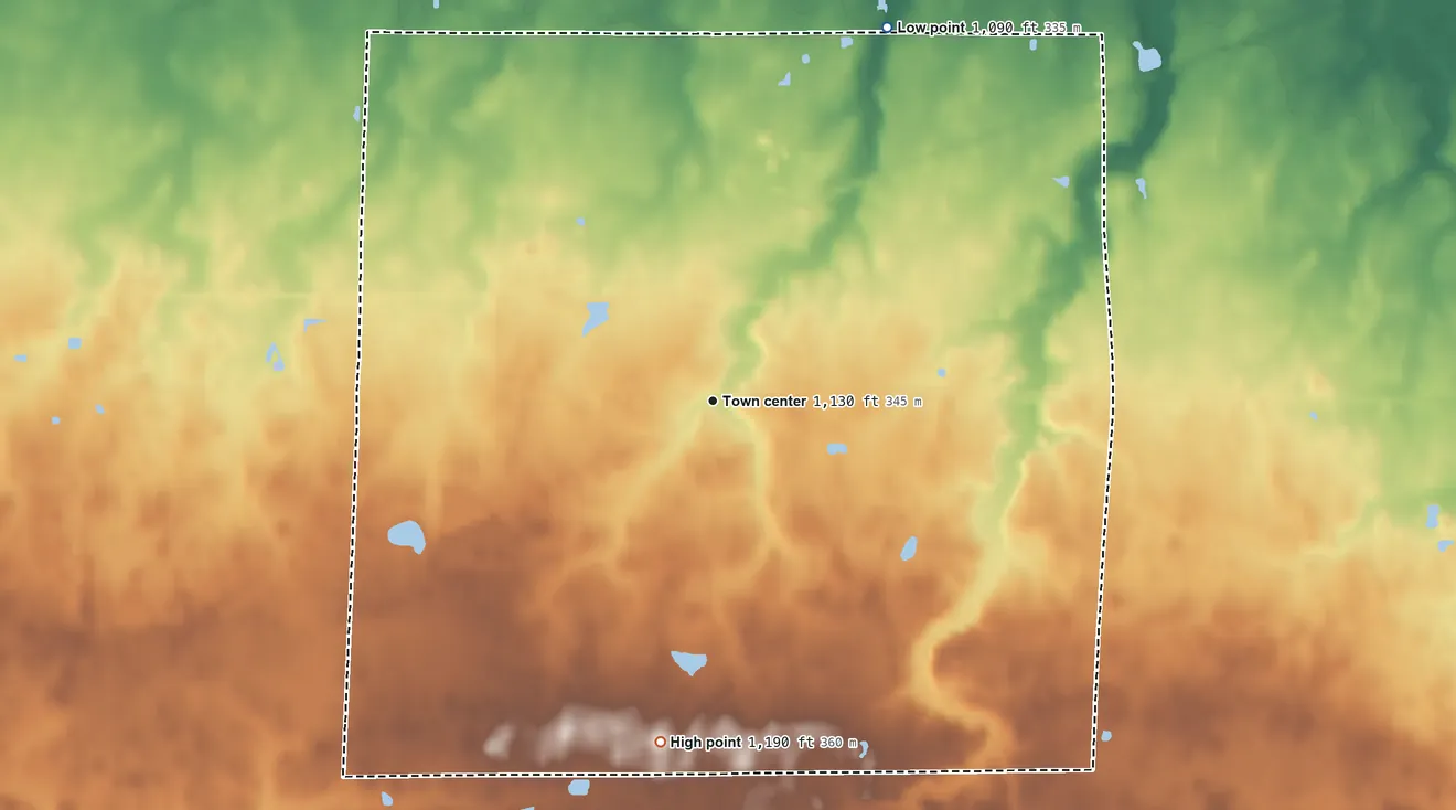 Topographic elevation map of Sullivan, Ohio, shaded from 1,090 ft on the northeast side to 1,190 ft on the south side