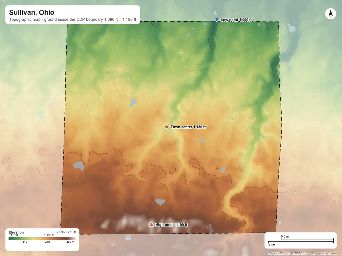 Topographic elevation map of Sullivan, Ohio, shaded from 1,090 ft on the northeast side to 1,190 ft on the south side