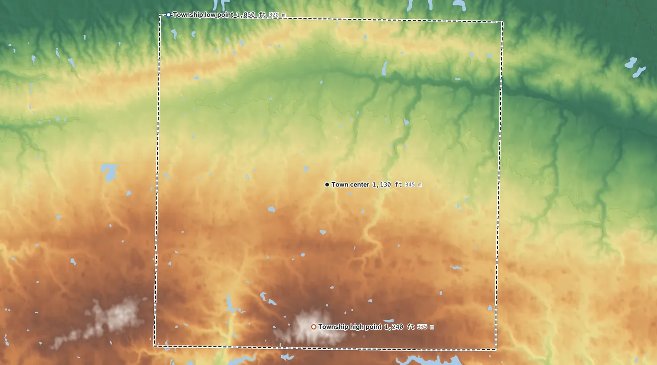 Topographic elevation map of Sullivan Township, Ohio, shaded from 1,050 ft on the northwest side to 1,240 ft on the south side