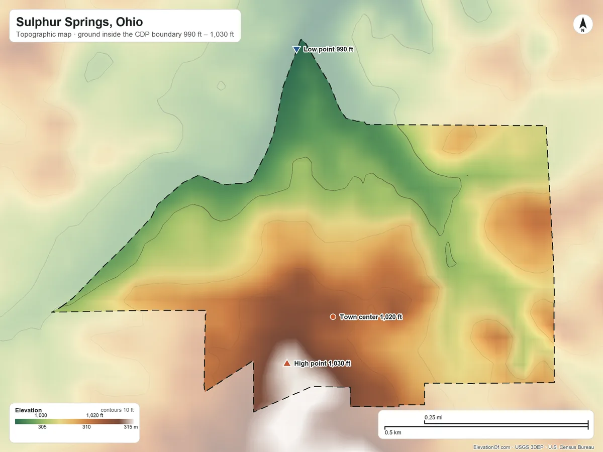 Topographic elevation map of Sulphur Springs, Ohio, shaded from 990 ft on the north side to 1,030 ft on the southwest side