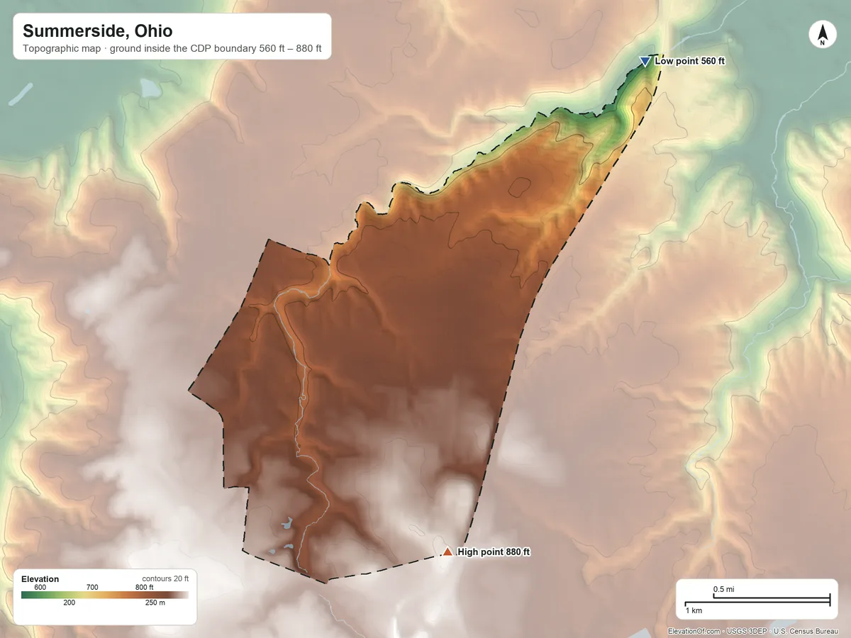 Topographic elevation map of Summerside, Ohio, shaded from 560 ft on the northeast side to 880 ft on the southeast side