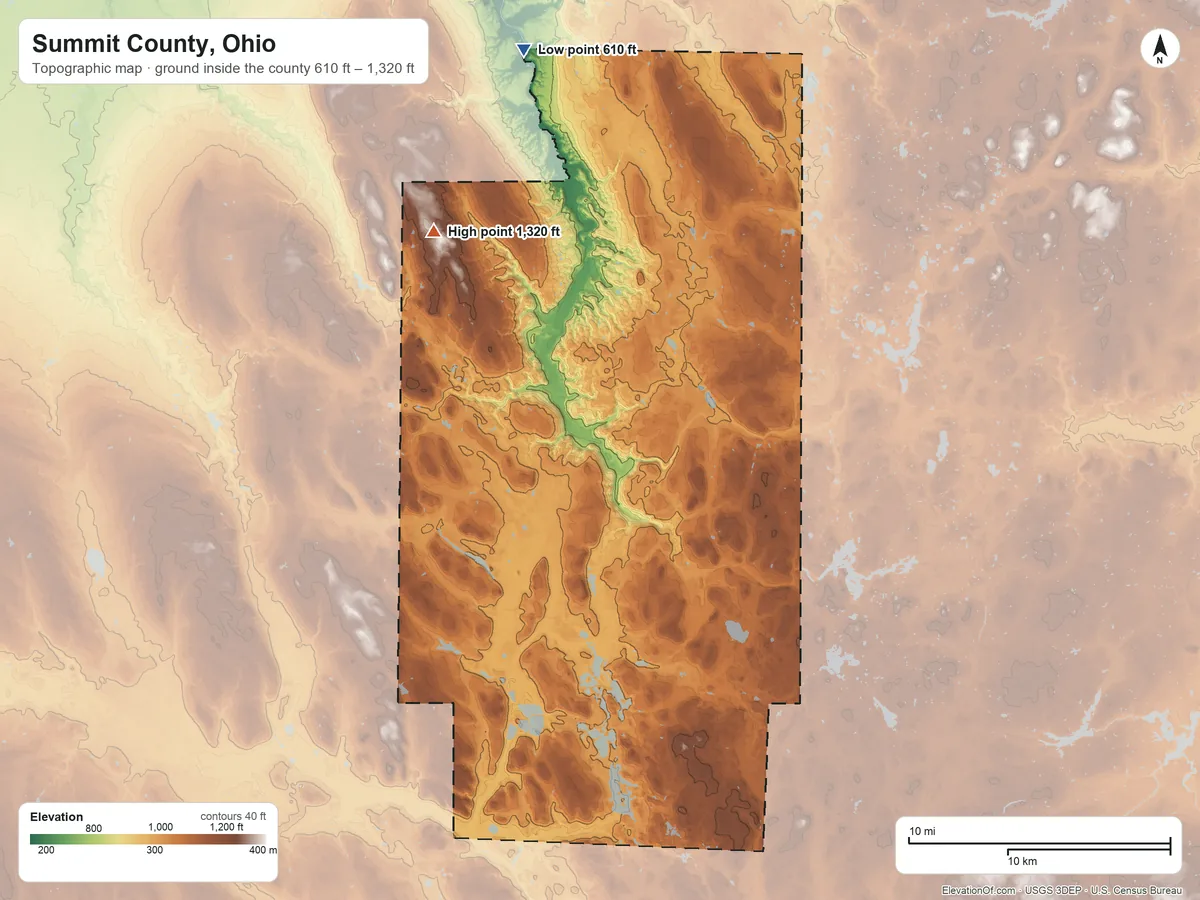 Topographic elevation map of Summit County, Ohio, shaded from 610 ft on the north side to 1,320 ft on the northwest side