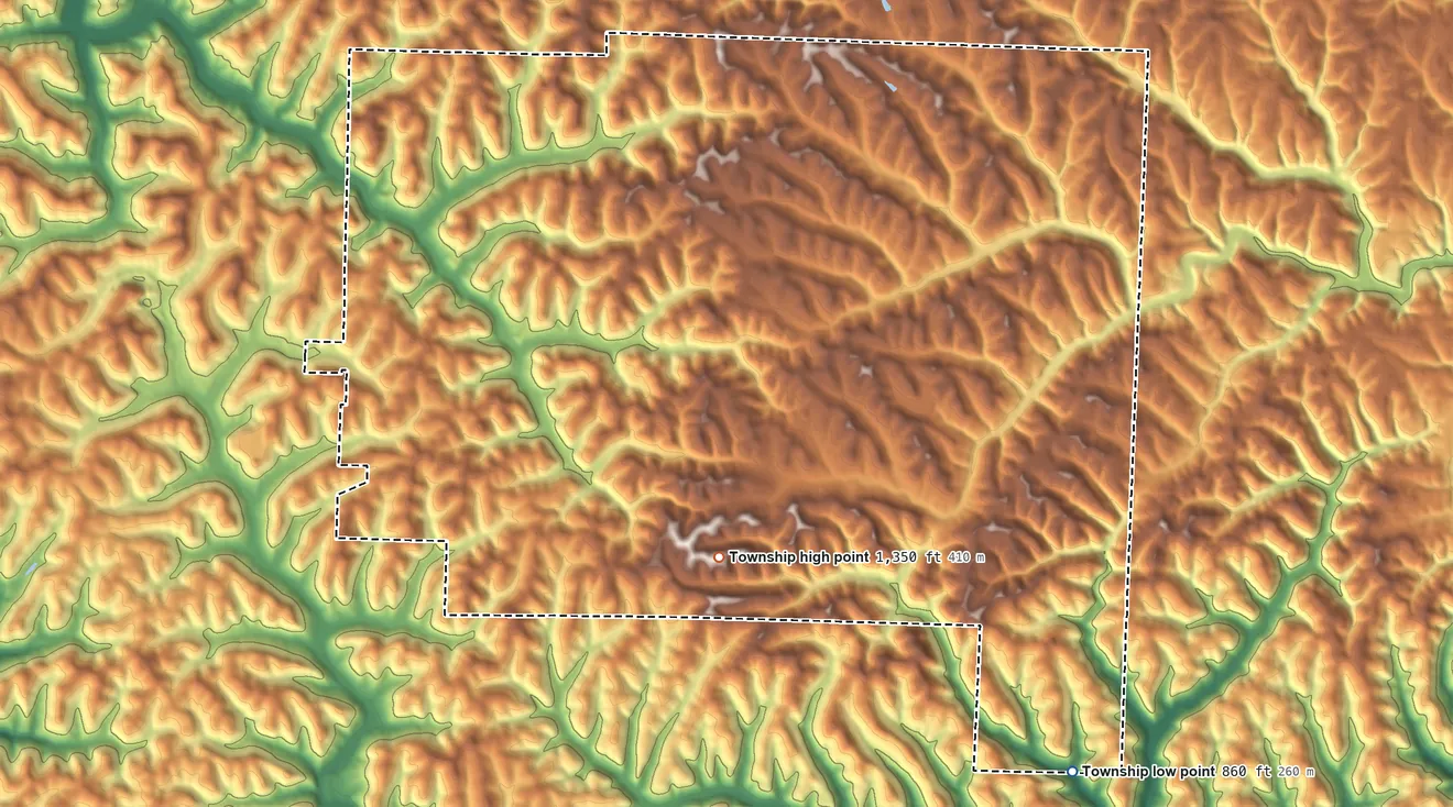 Topographic elevation map of Summit Township, Ohio, shaded from 860 ft on the southeast side to 1,350 ft on the south side
