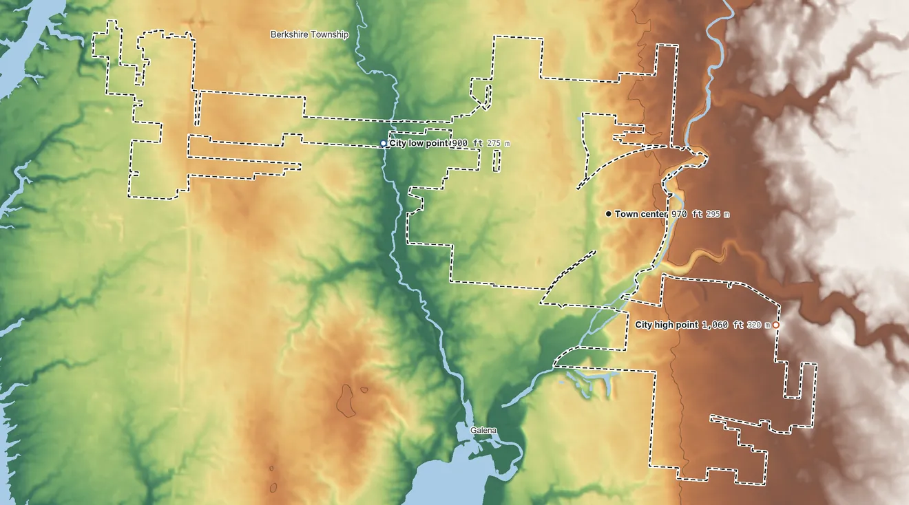 Topographic elevation map of Sunbury, Ohio, shaded from 900 ft on the west side to 1,060 ft on the southeast side