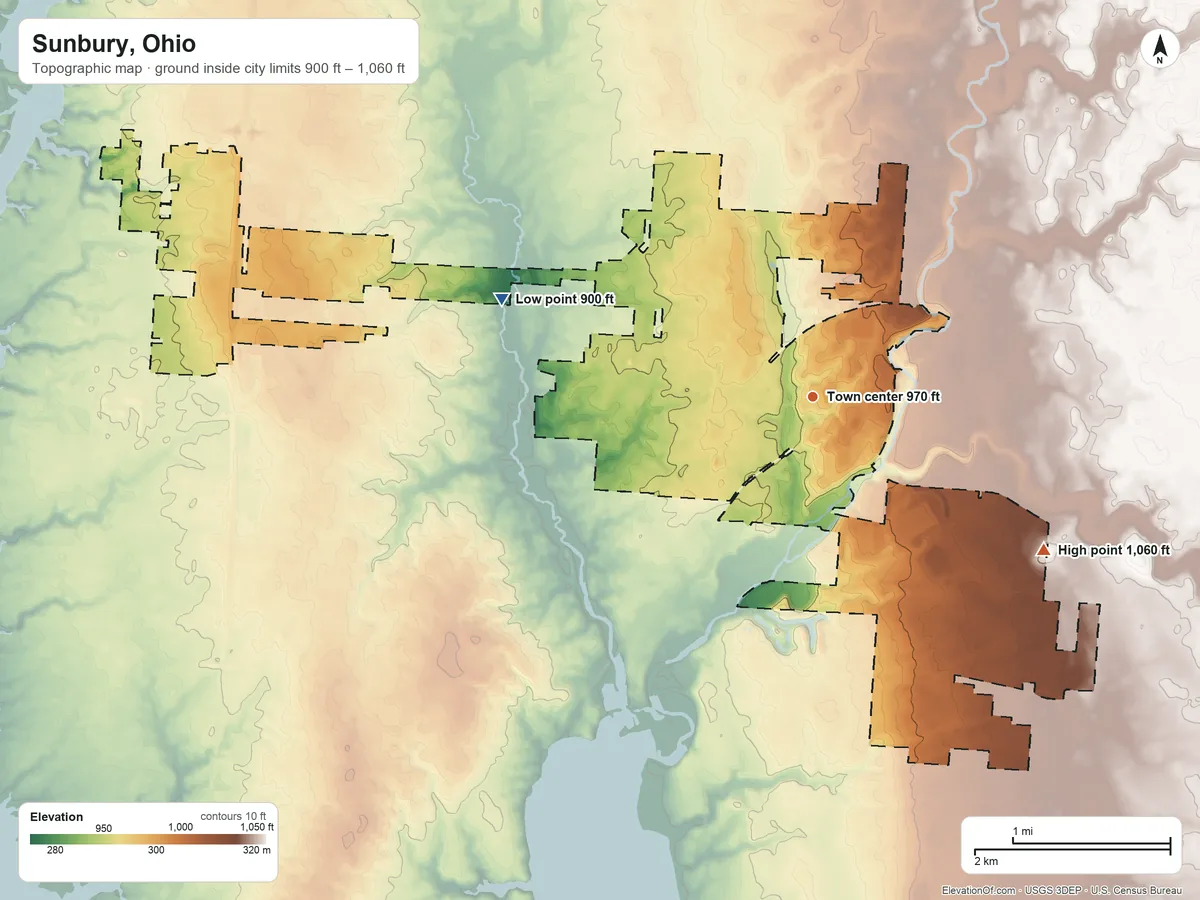 Topographic elevation map of Sunbury, Ohio, shaded from 900 ft on the west side to 1,060 ft on the southeast side