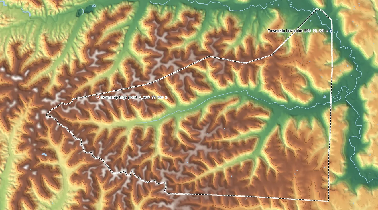 Topographic elevation map of Sunfish Township, Ohio, shaded from 570 ft on the northeast side to 1,260 ft on the west side