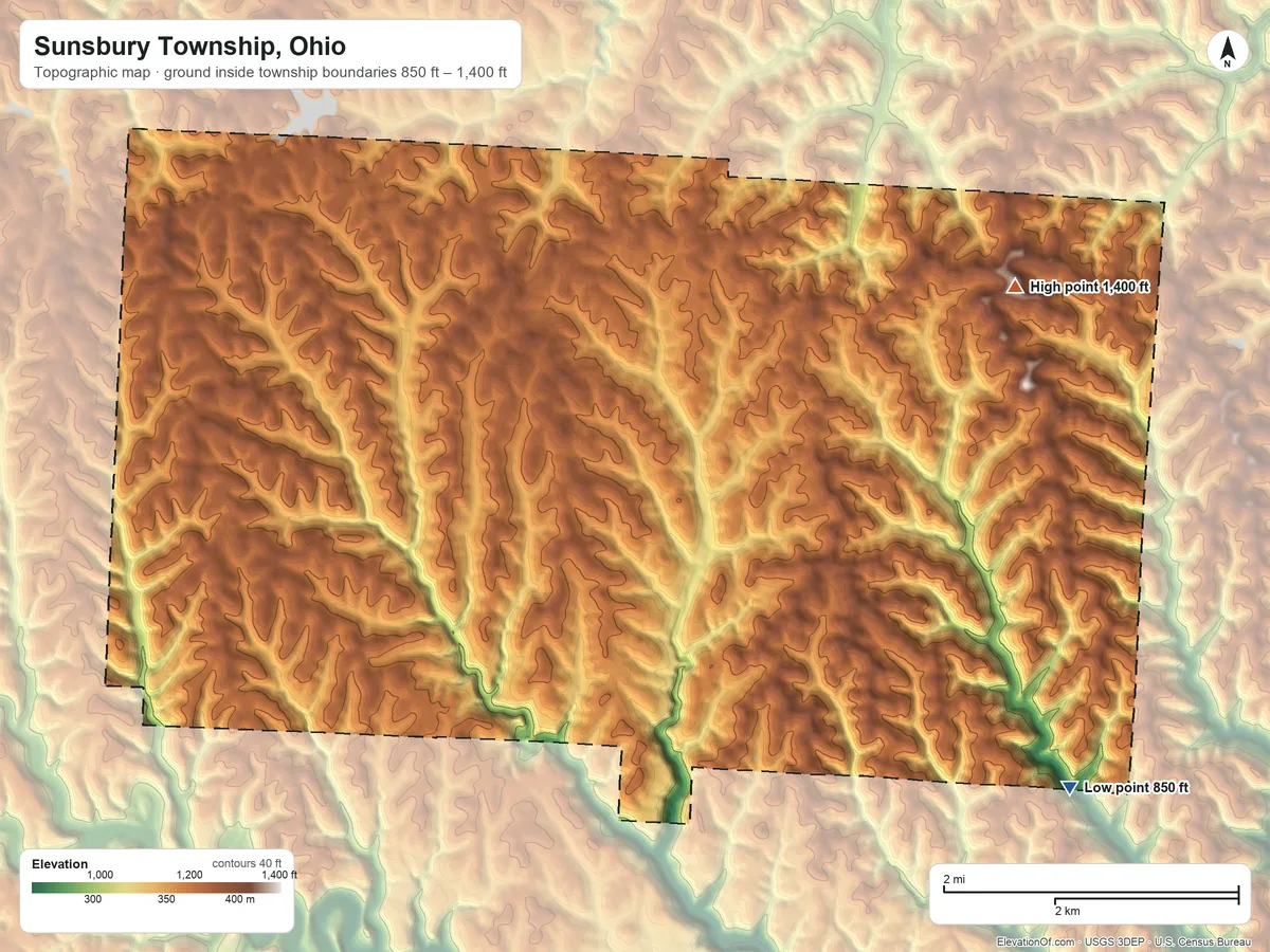 Topographic elevation map of Sunsbury Township, Ohio, shaded from 850 ft on the southeast side to 1,400 ft on the east side