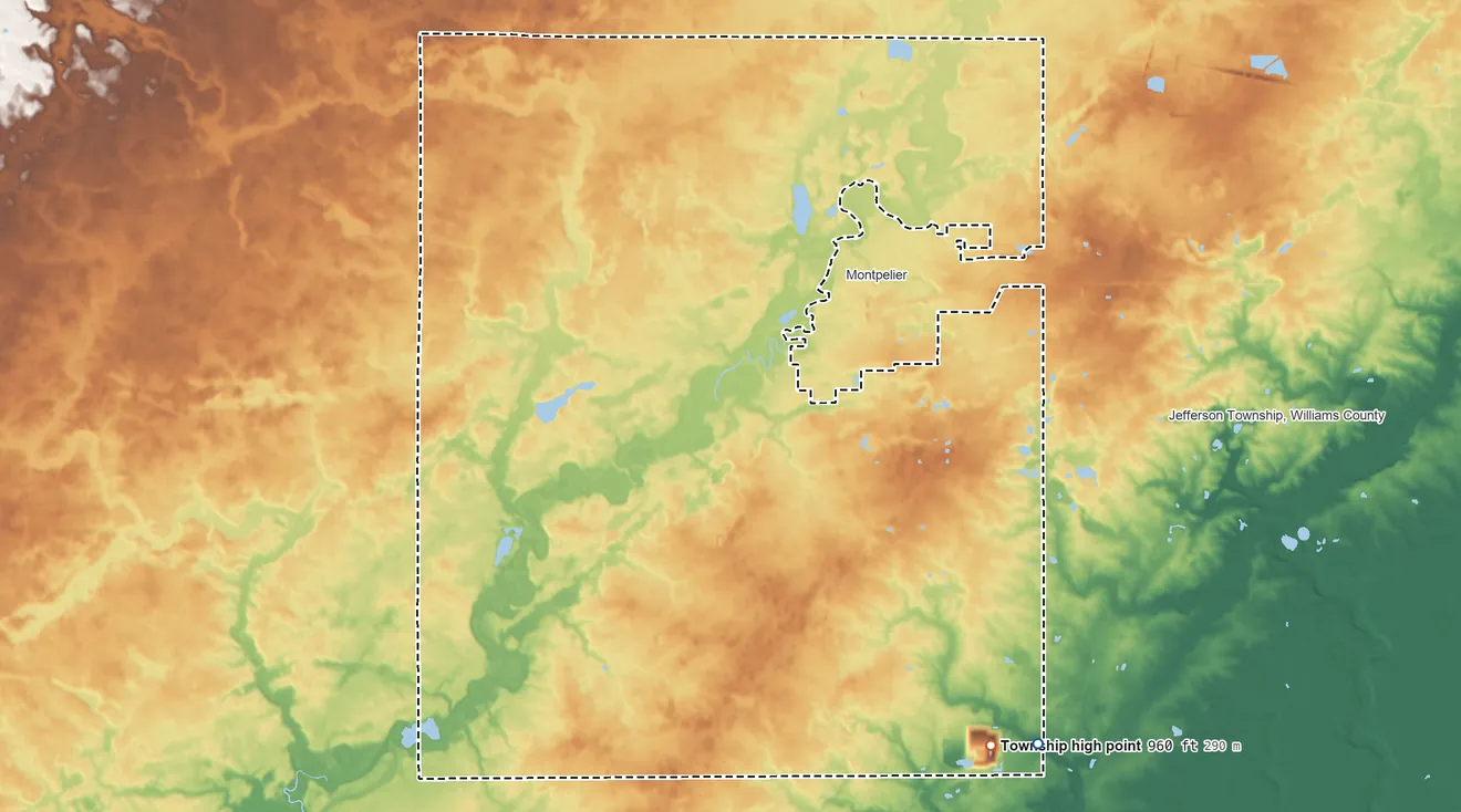 Topographic elevation map of Superior Township, Ohio, shaded from 810 ft on the southeast side to 960 ft on the southeast side