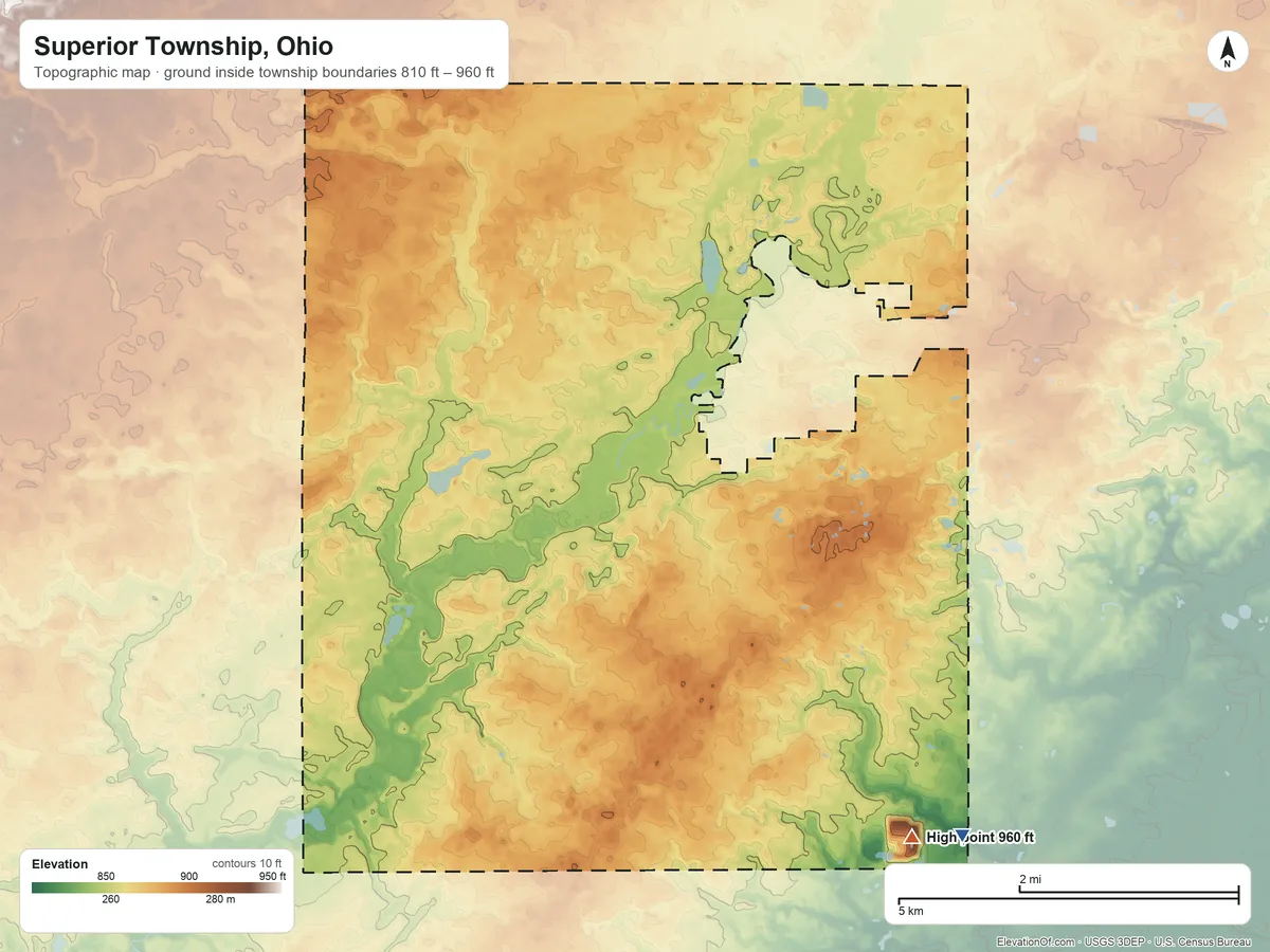 Topographic elevation map of Superior Township, Ohio, shaded from 810 ft on the southeast side to 960 ft on the southeast side