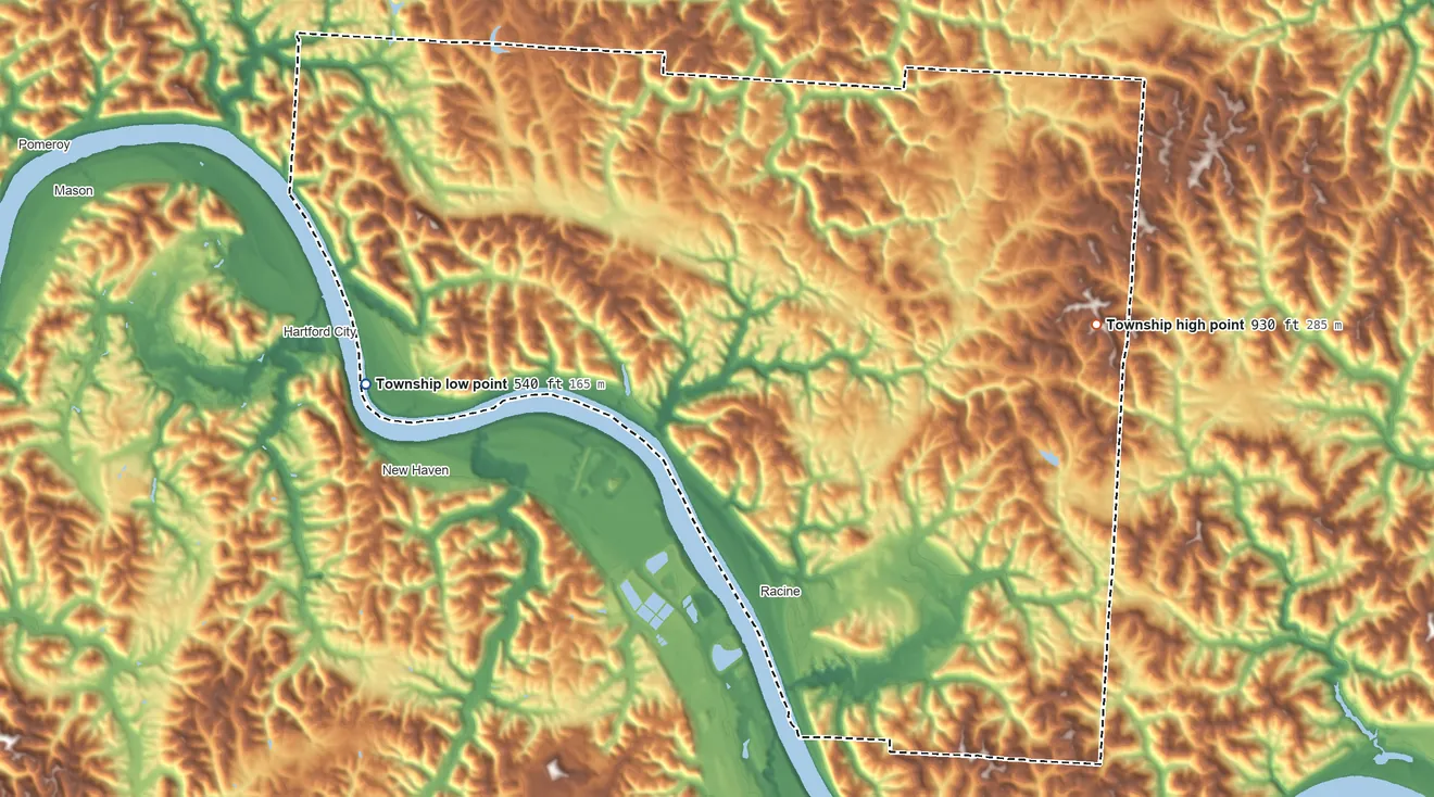 Topographic elevation map of Sutton Township, Ohio, shaded from 540 ft on the west side to 930 ft on the east side