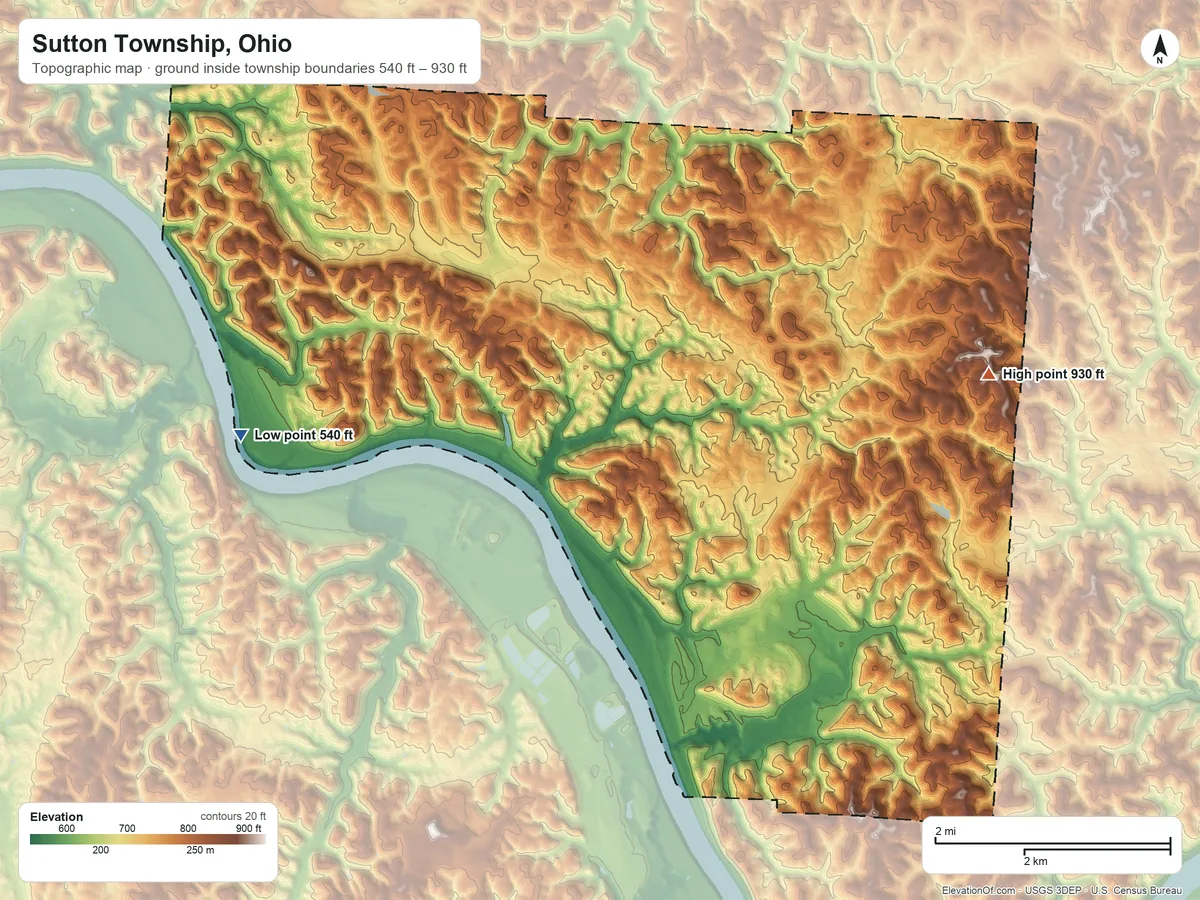 Topographic elevation map of Sutton Township, Ohio, shaded from 540 ft on the west side to 930 ft on the east side