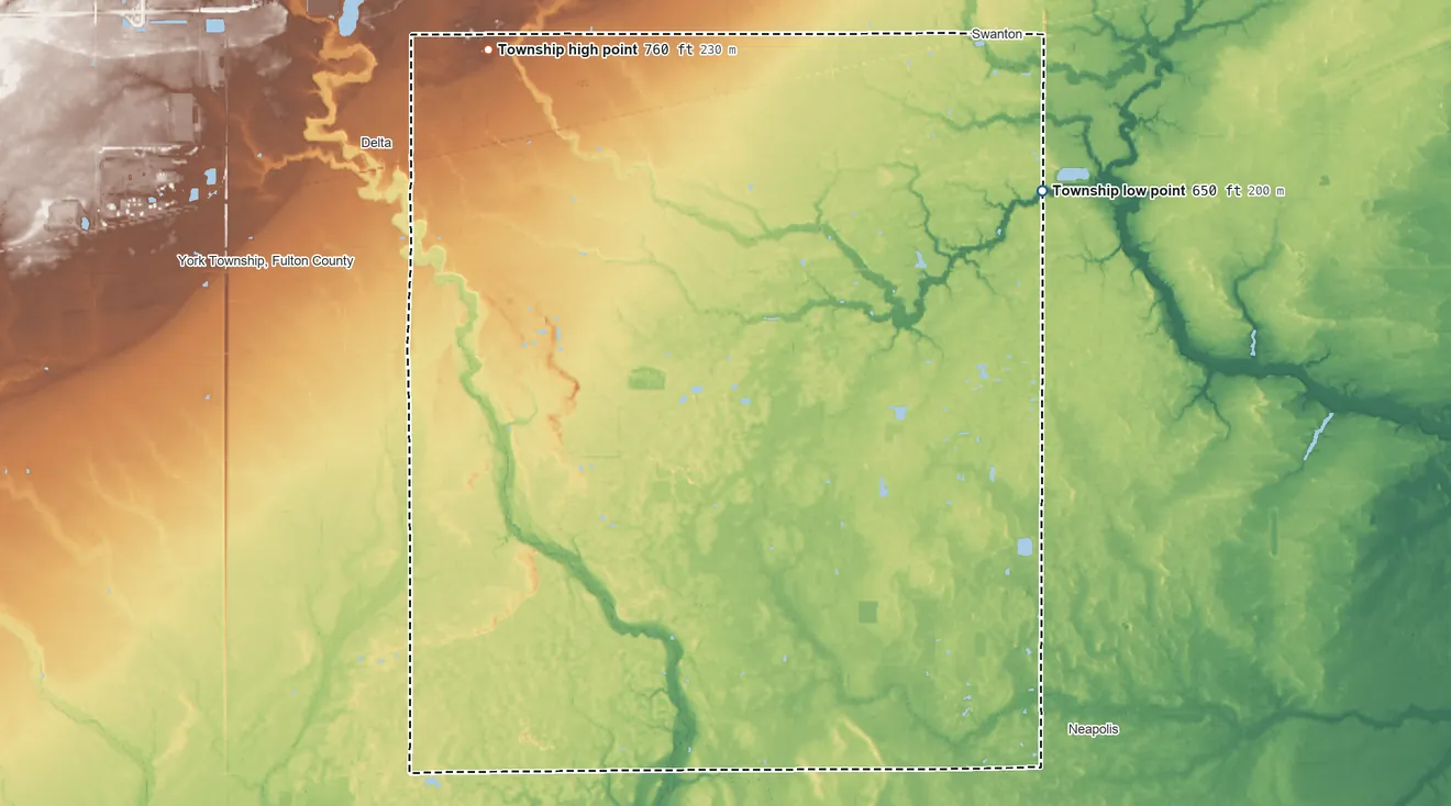 Topographic elevation map of Swan Creek Township, Ohio, shaded from 650 ft on the northeast side to 760 ft on the northwest side