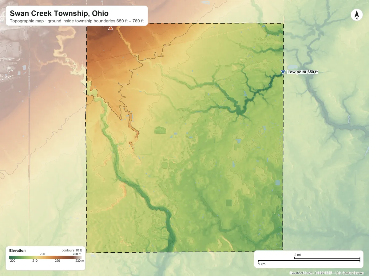 Topographic elevation map of Swan Creek Township, Ohio, shaded from 650 ft on the northeast side to 760 ft on the northwest side