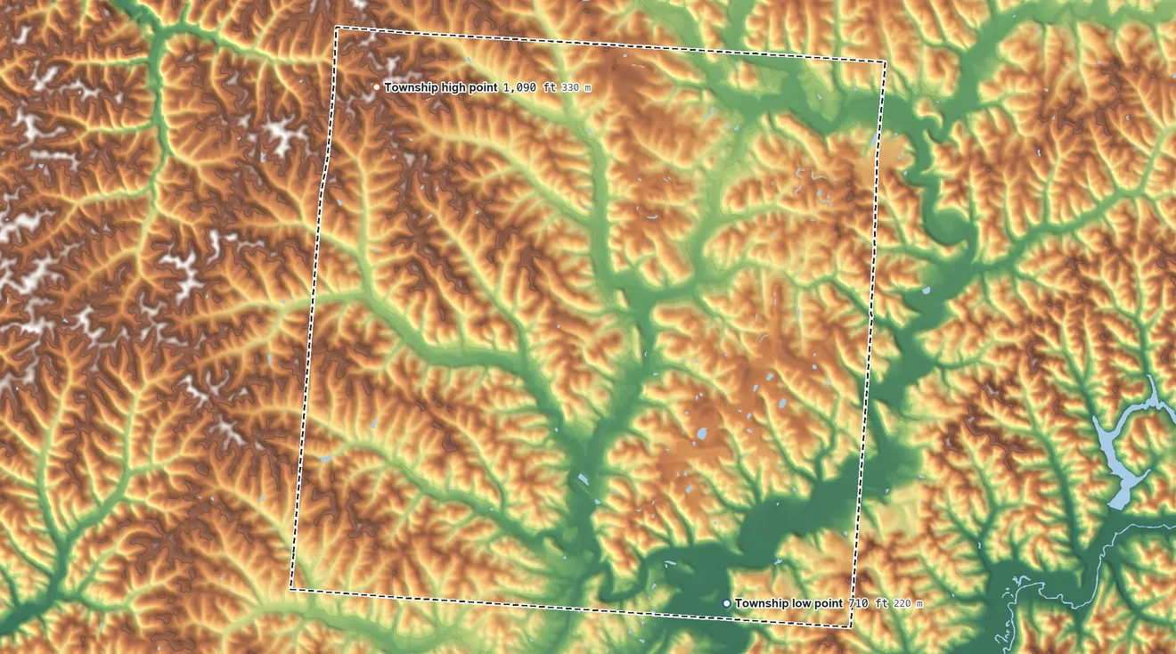 Topographic elevation map of Swan Township, Ohio, shaded from 710 ft on the southeast side to 1,090 ft on the northwest side