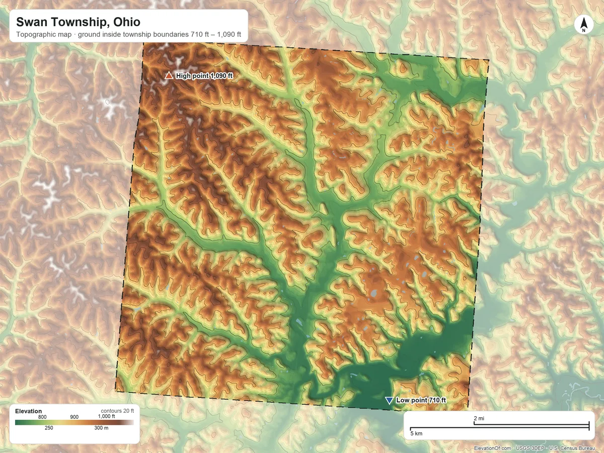 Topographic elevation map of Swan Township, Ohio, shaded from 710 ft on the southeast side to 1,090 ft on the northwest side
