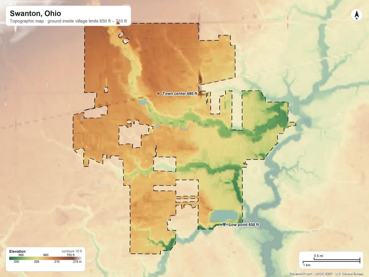 Topographic elevation map of Swanton, Ohio, shaded from 650 ft on the southeast side to 710 ft on the northwest side