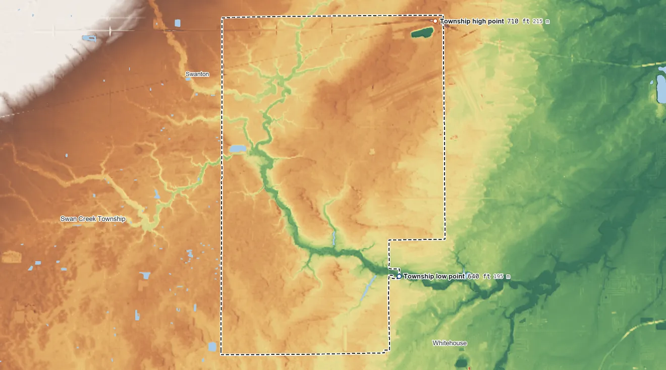 Topographic elevation map of Swanton Township, Ohio, shaded from 640 ft on the southeast side to 710 ft on the northeast side