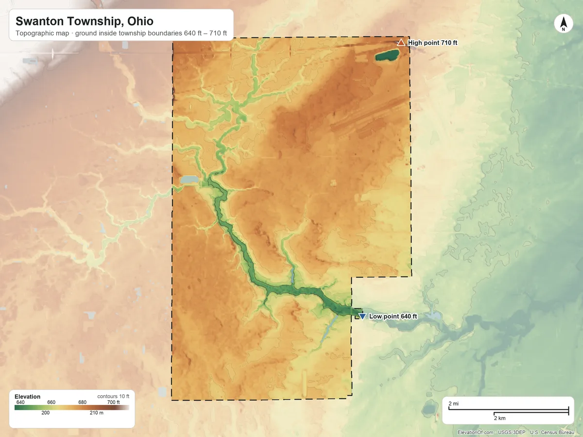 Topographic elevation map of Swanton Township, Ohio, shaded from 640 ft on the southeast side to 710 ft on the northeast side