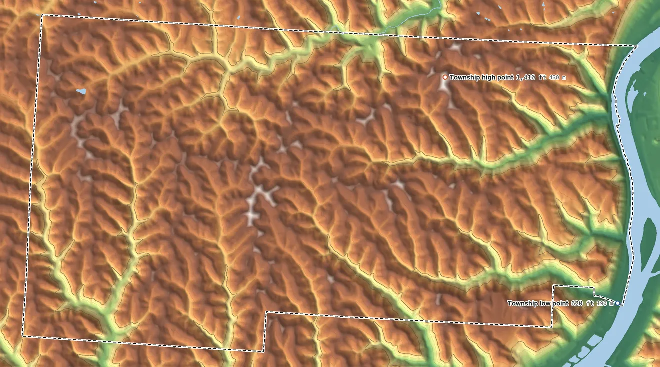 Topographic elevation map of Switzerland Township, Ohio, shaded from 620 ft on the southeast side to 1,410 ft on the northeast side