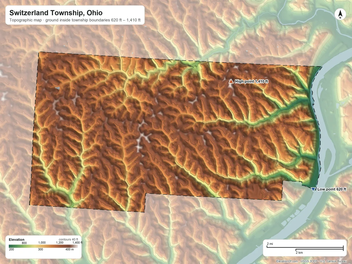 Topographic elevation map of Switzerland Township, Ohio, shaded from 620 ft on the southeast side to 1,410 ft on the northeast side