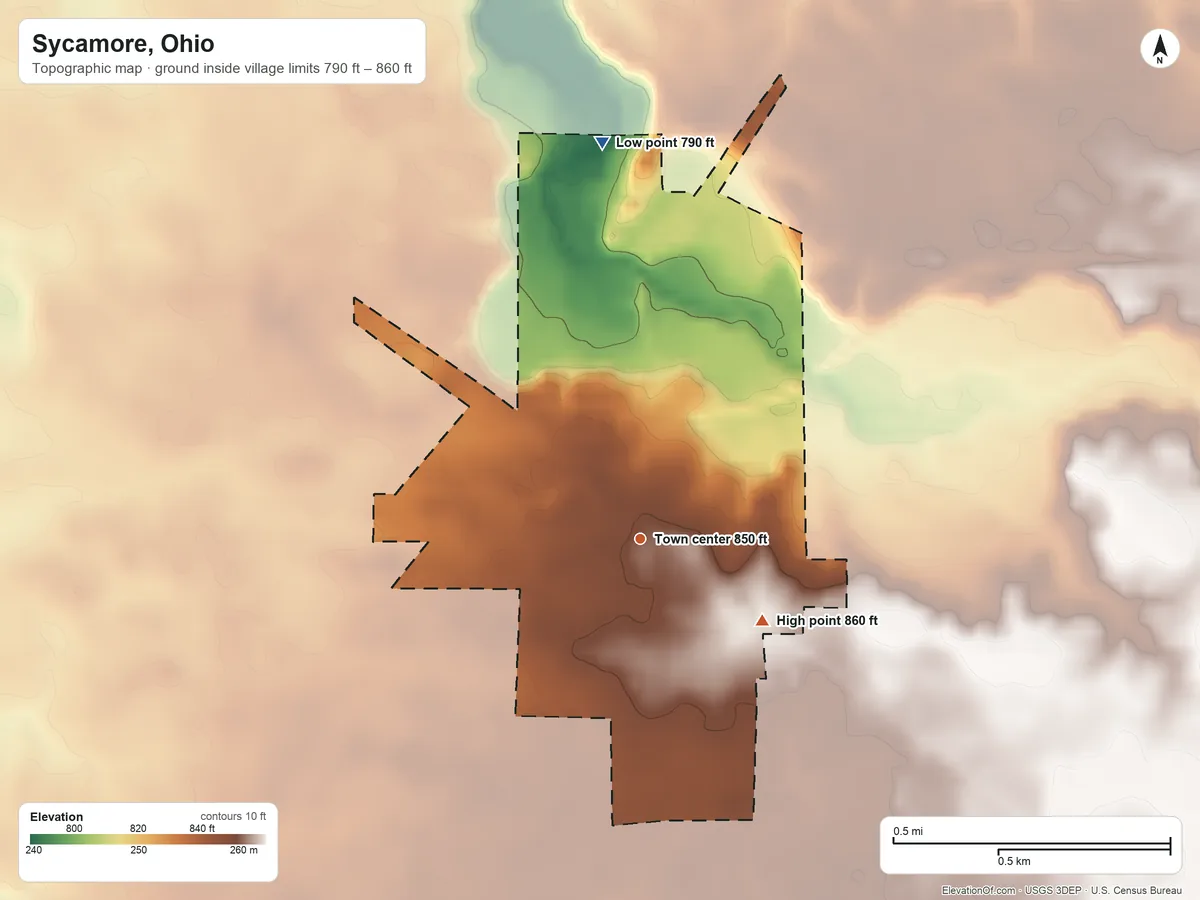Topographic elevation map of Sycamore, Ohio, shaded from 790 ft on the north side to 860 ft on the southeast side